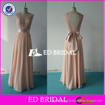 ED Bridal Elegant Lace Appliqued Bow Belt Chiffon Peach Long Bridesmaid Dress With Ribbon